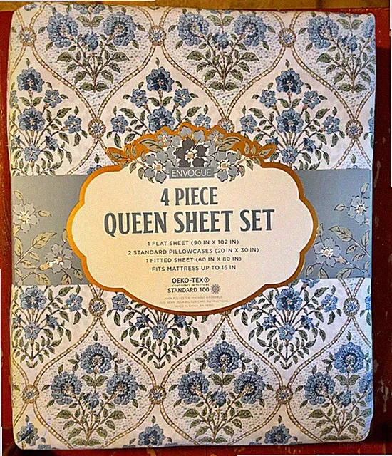 Envogue BLUE FLORAL BLOCK PRINT Queen Size Sheet Set (blue floral)