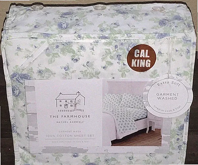 FARMHOUSE Rachel Ashwell Shabby Chic Green Blue Roses Floral Cal King Sheet Set