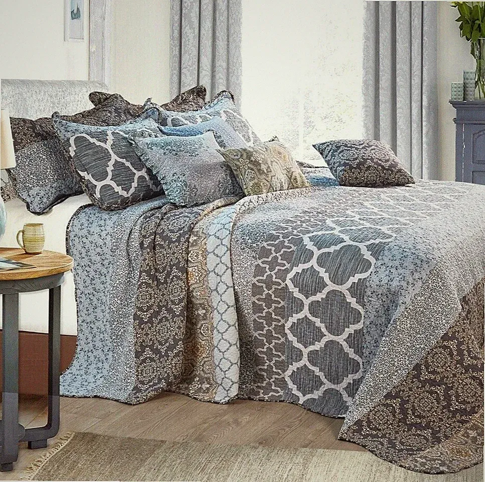 King 9 Piece Reversible Bedspread Set Printed Striped Floral Quilt Bedding Set