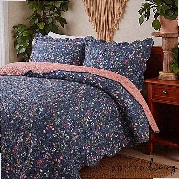 NEW Anthro Blue Floral Queen King Boho Quilt Bedding Bedspread Duvet & Sham Set